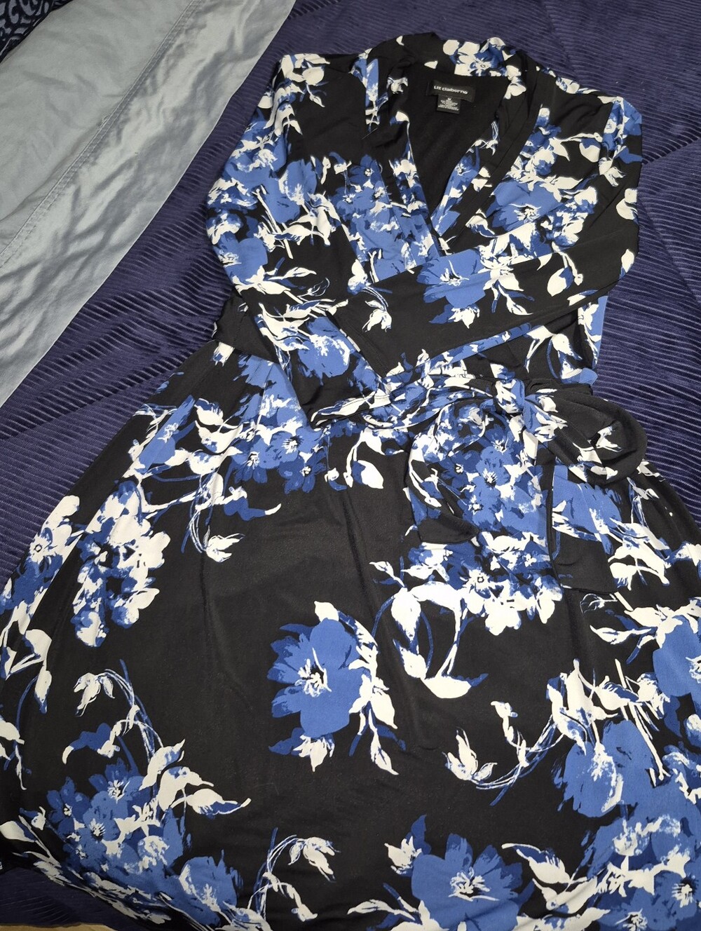 Liz Claiborne Black, Blue & White Floral Wrap Dress